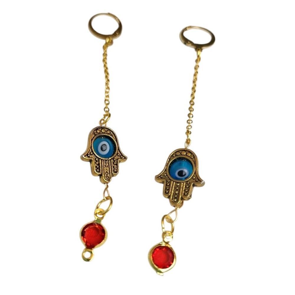 Hamsa Hand Blue Glass Eye 18k Gold Plated Red Faceted Zircon Earrings